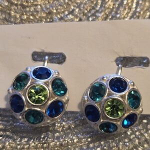 Vtg Multi Color Crystal Clip On Earrings Blue Green Domed Button Silver Tone 70s